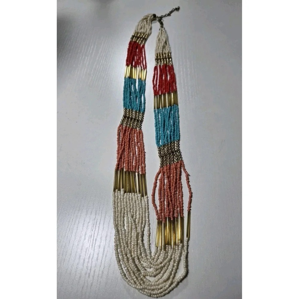 Multi-Strand Seed Bead Necklace Gold Accents Pink Turquoise‎ Coral